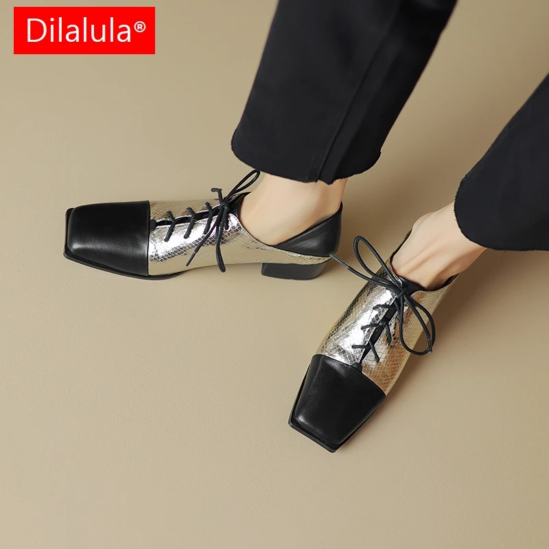 

Dilalula 2024 New Fashion Metallic Microfibre Mixed Color Women Cow Leather Pumps Square Toe Thick Heels Classic Lace Up