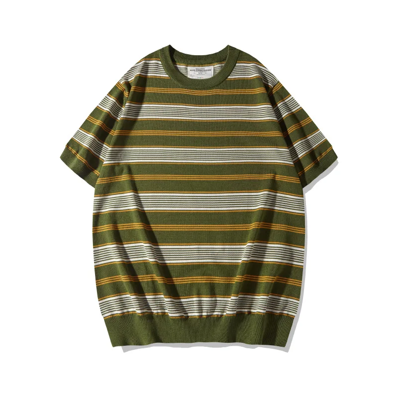 OKONKWO New Thick Heavy Knitted Stripe T-shirt with Round Neck and Inter Strip Knitted Tee Outdoor Travel Trekking Golf Clothes