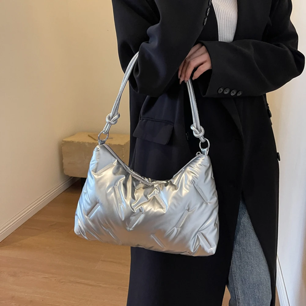 Women Space Cotton Tote Handbags Padded Underarm Pouch Large Capacity Puffer Satchel Bag Casual Winter Quilted Hobo Shoulder Bag