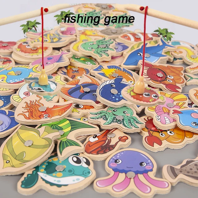 Fishing Game Wooden Magnetic Marine Life Cognition Fish Rod Parent-Child Wooden Toys For Children Angling Games Education Toys 1