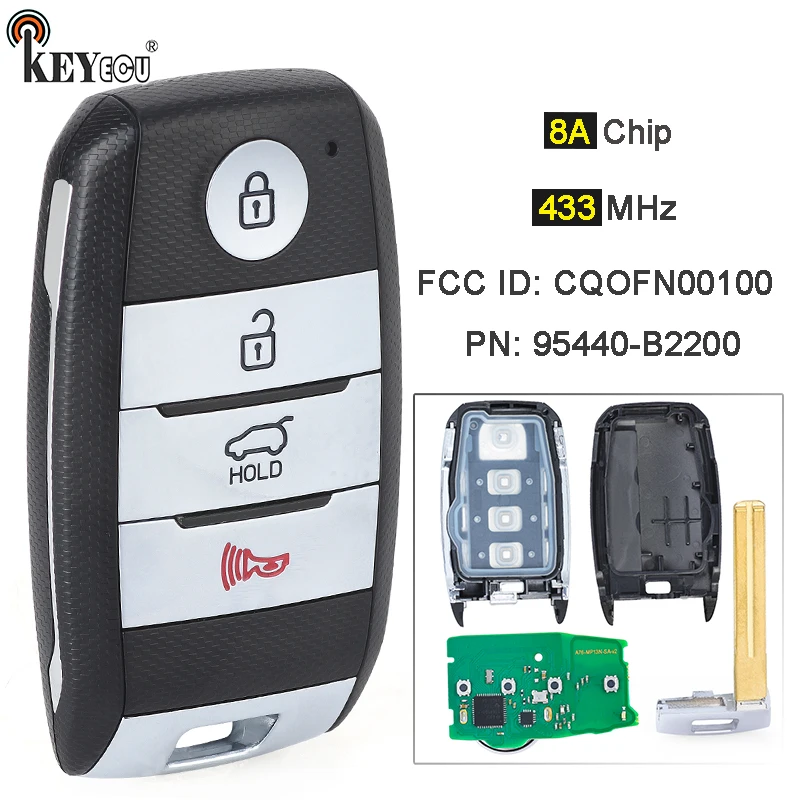 

KEYECU 433 МГц 8А чип FCC ID: CQOFN00100 PN: 95440-B2200 4 кнопки смарт-пульт дистанционного управления для Soul 2014 2015 2016