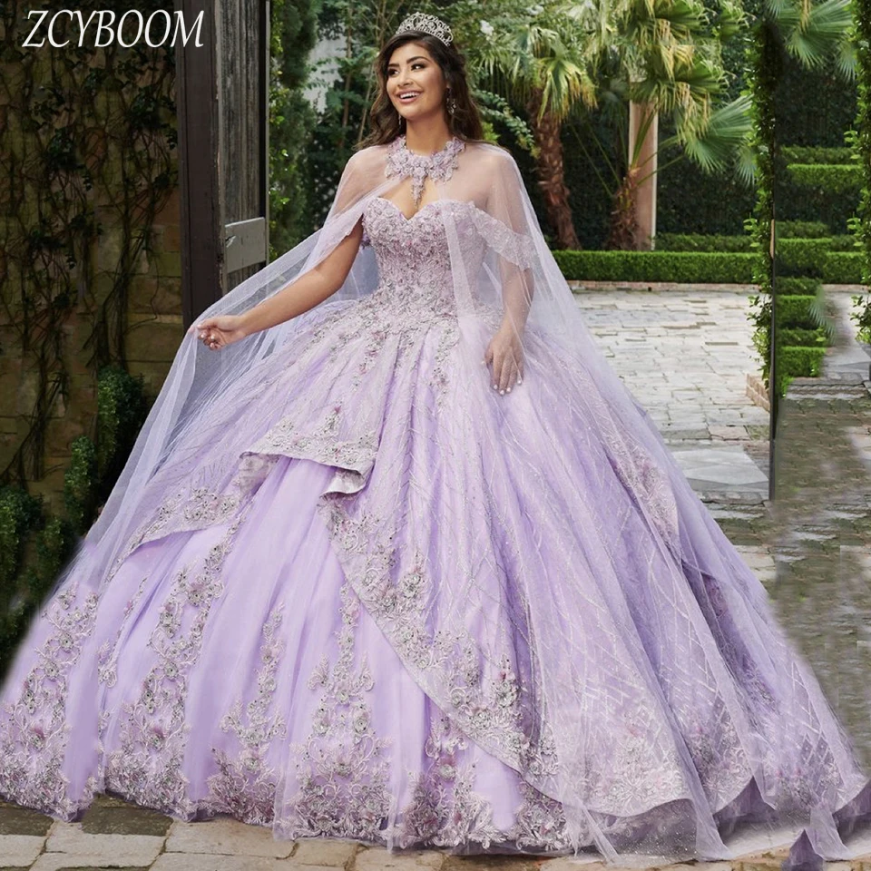 Vestido de noche de quinceañera con capa de flores y espalda abierta, traje de baile de lujo, largo hasta el suelo, tren de barrido, con cordones, 2024