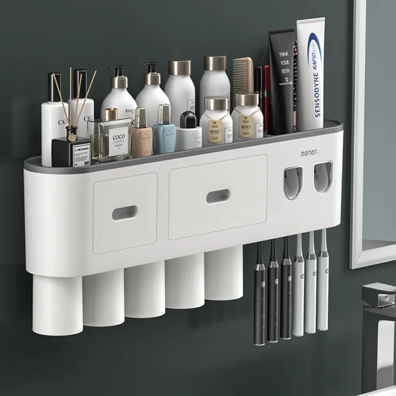 Magnetic Toothbrush Holder Storage Rack Automatic Toothpaste Dispenser Wall-Mounted Waterproof Bathroom Storage Accessories Set