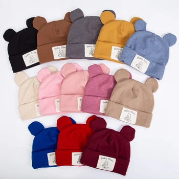 Cute Bear Ear Baby Turban Hats for Newboorn Boys Girls Faux Cashmere Label Caps Beanies Spring Autumn Winter Infant Bonnets 1