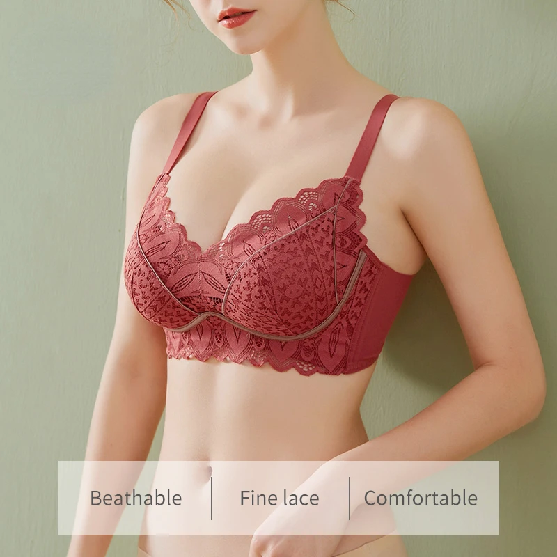 

Lace New Lingerie Women's Comfortable Steel Ring Free Small Chest Gathered and Collar Adjusted Bra