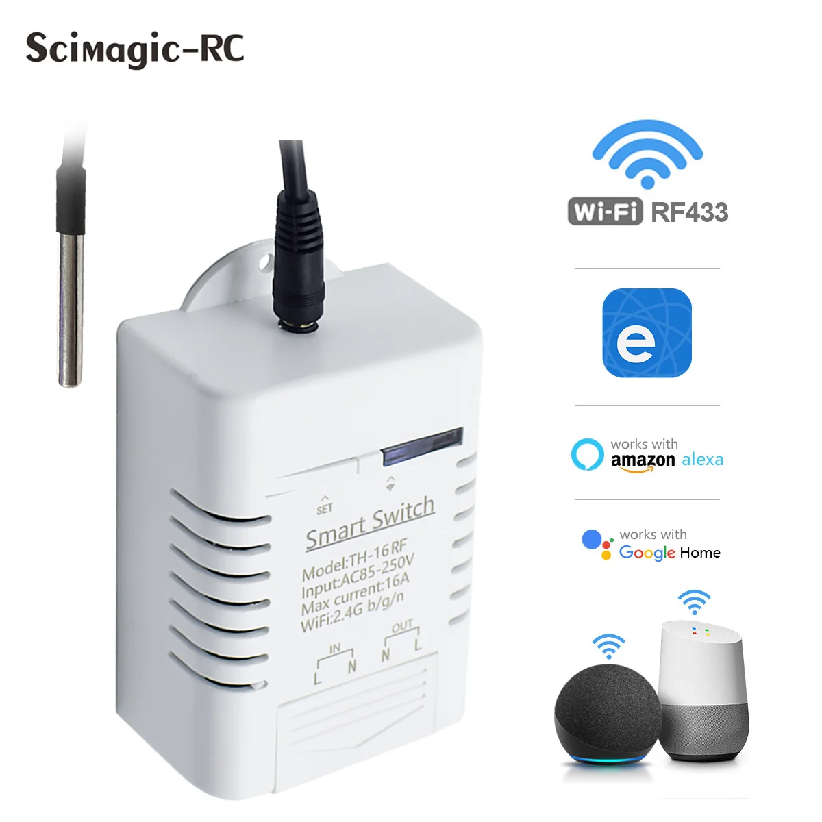 

EWeLink TH-16 Wifi Smart Temperature Switch Wireless Control AC 85-250V 16A Compatible With IPhone Android For Alexa Google Home