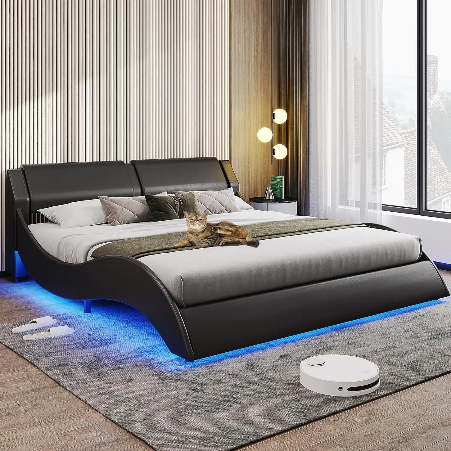 

Queen Led Bed Frame Modern Faux Leather Upholstered Platform Bed Frame with RGB LED Lights