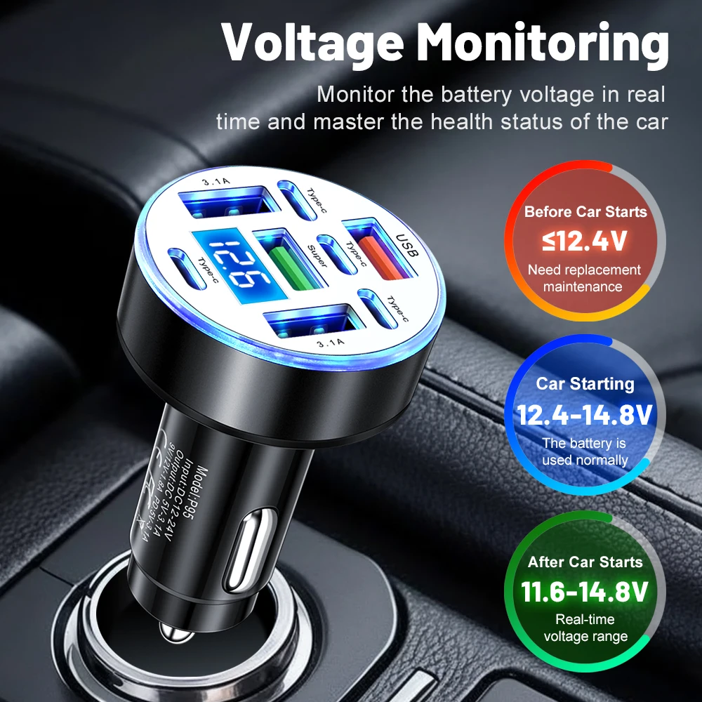 8 Ports Car Charger Fast Charging Digital Display USB Type C Car Phone Charger Adapter for iphone samsung huawei xiaomi