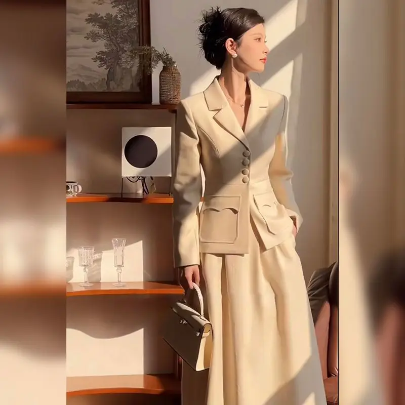 

Slimming Elegant Light Luxury Style Coat and Versatile Long Dress Women’s Spring Suit Female Office Lady Two-piece Set Hot Sale