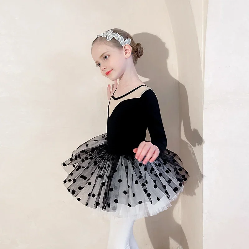 Black Dots Girls Training Skirt Children's Dance Clothes Grading Split Ballet Dress Kids Leotard For Gymnastics Long Sleeve Soft