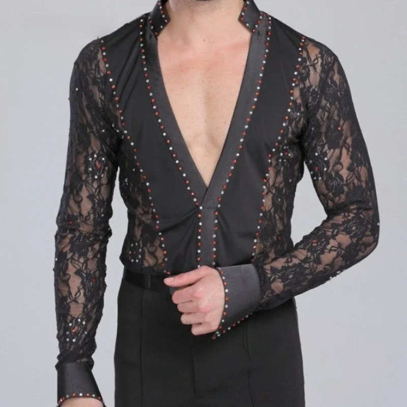 Men Latin Dance Lace Garment Dance Waltz Ballroom Garment Performance Latin Man Shirts Tops