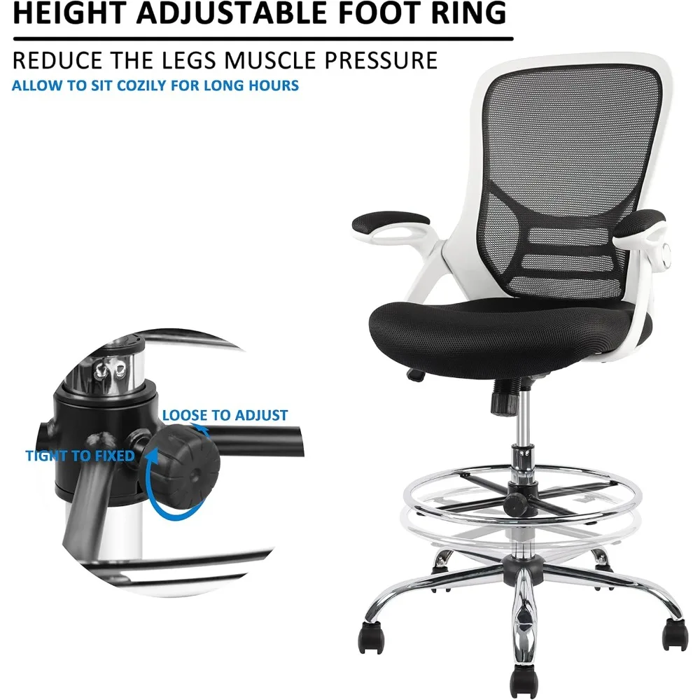 "ergonomic mesh swivel stool with adjustable footrest, flip-up armrests, white and black for standing desks"