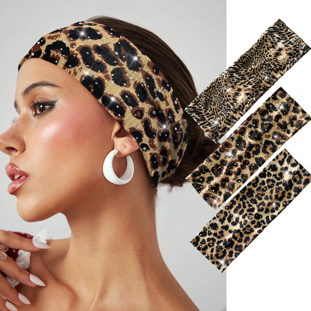 1pc Rhinestone Leopard Printed Women Headband For Lady Girls Shopping Face Wash Hairband Turban Bandana Fashion Hair Accessories