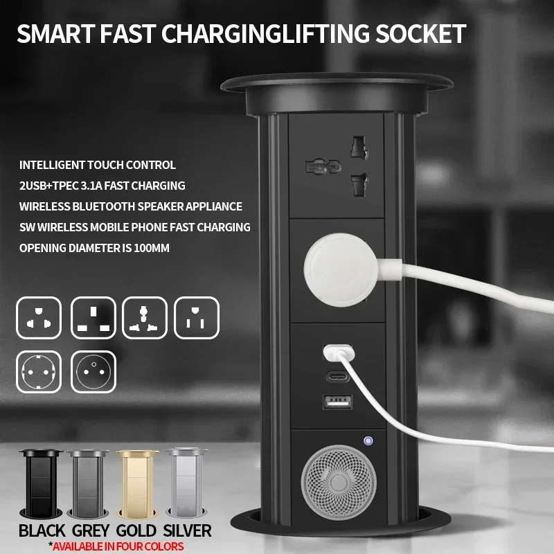 

Motorized Pop up Socket Wireless Charger Automatic Power Plug Desktop Worktop Table,Eu Fr Socket USB Type-C Bluetooth Speaker