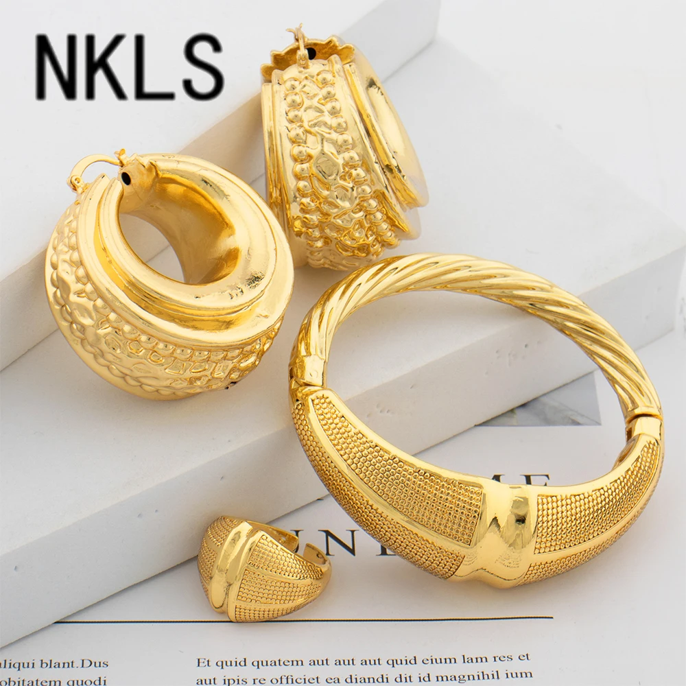 

African Luxury Gold Color Jewelry Set Women's Hoop Earrings Cuff Bangle Fashion Ring Set Trendy Wedding Party Gift Jewellery Set