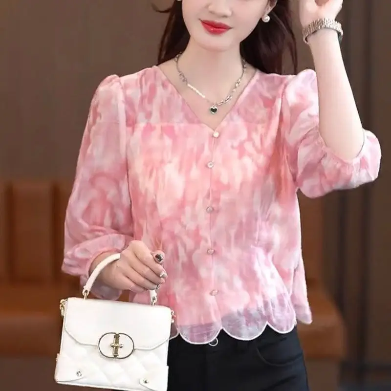 2024 Women's Spring and Autumn New Fashion and Elegant V-neck Printed Button Mesh Korean Long Sleeved Slim Fit Chiffon Shirt Top