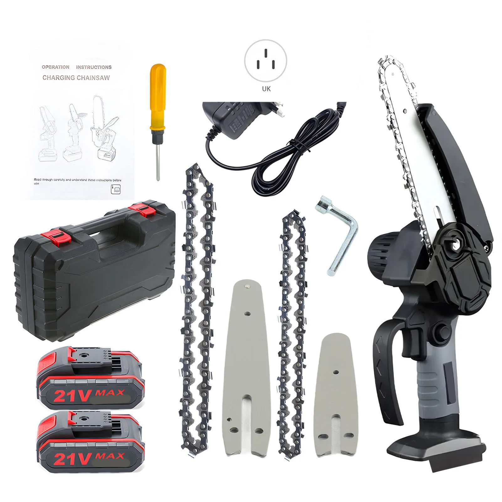 EU Mini Chainsaw 4 Inch 6 Inch Portable Chainsaw with Security Lock 2 Chains 21V Rechargeable Battery Operated Electric Chainsaw