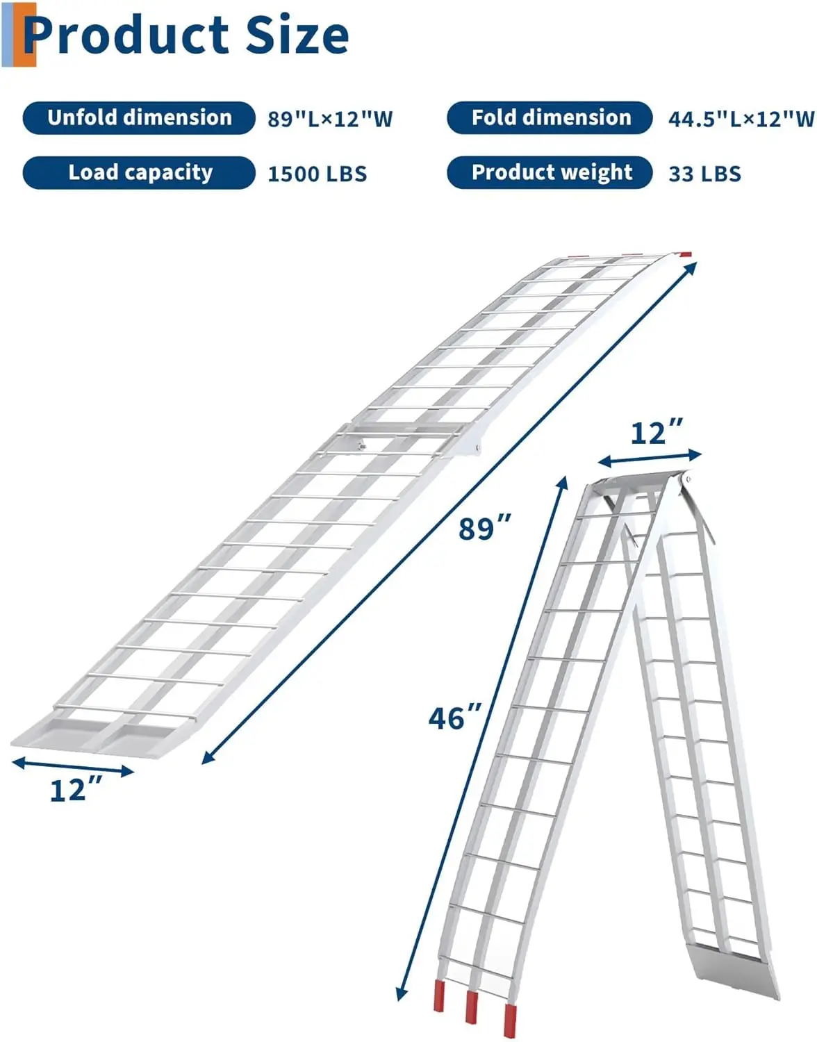 89x12in Aluminum Folding Loading Ramps, 750/1500lbs Capacity Heavy Duty Ramps for Pickup Trucks Trailers Motorcycles ATV UTV