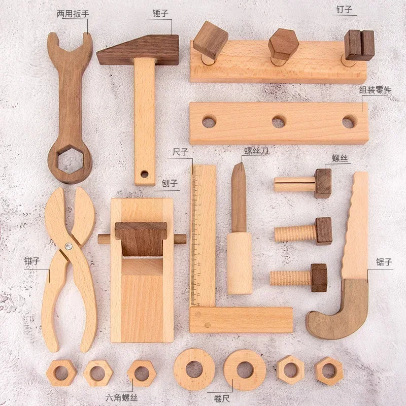 Kids Tool Set Wooden Educational STEM Construction Montessori Toys Role Play Interactive Games for Kid Portable Storage Tool Box