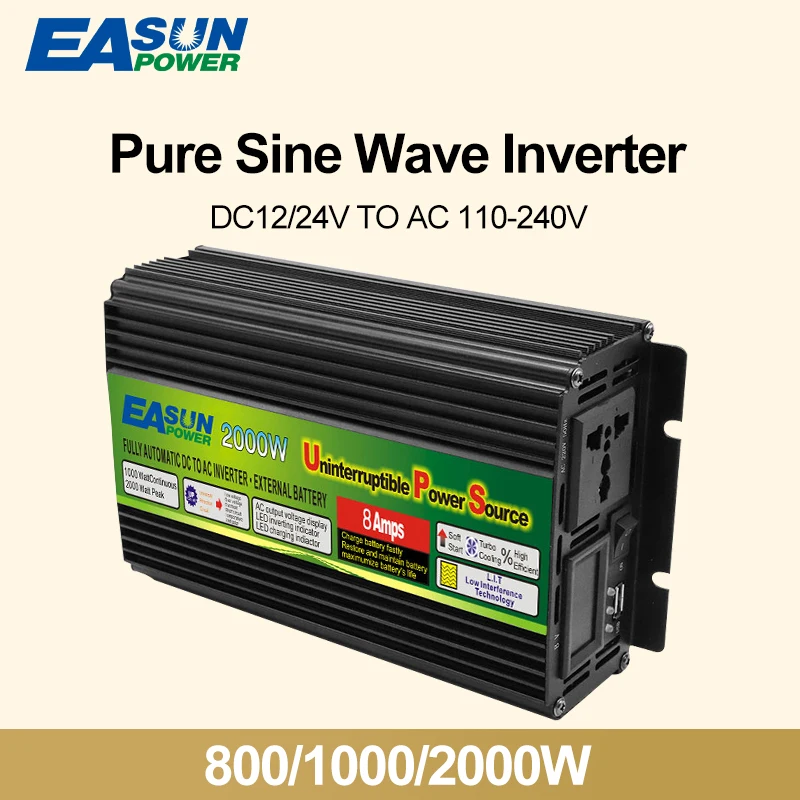 Easun Inverter A Onda Sinusoidale Pura 12V 220V 2000W 1000W 800W Inverter Solare Per Auto 24V 12V Dc A Ac 220V Trasformatore Convertitore