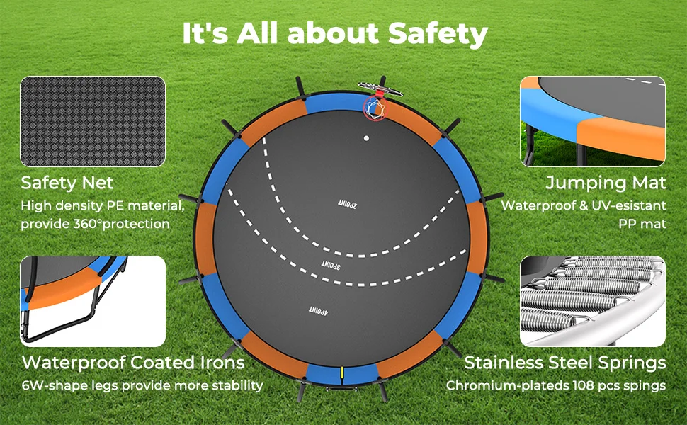 Description Picture 3 of item16 15 14 12  Upgrade Outdoor Trampoline for Kids and Adults, Pumpkin Trampolines with Curved Poles, Recreational Trampoline
