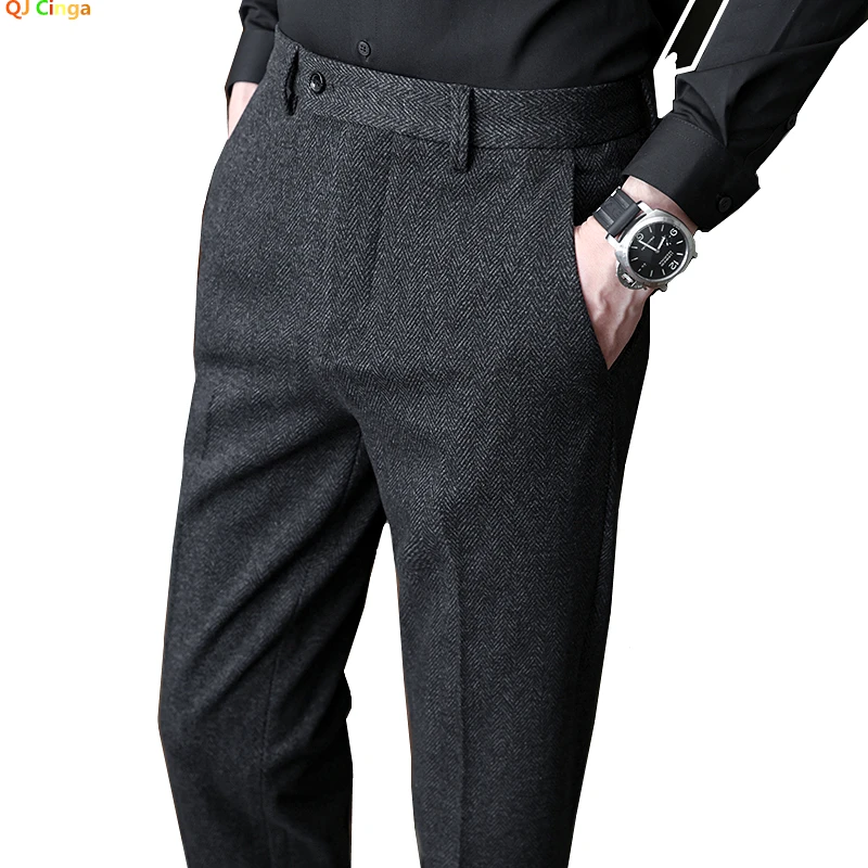Business Pants Men's Woolen Pants Autumn/Winter Thick Trousers Men Slim Business Pantalones Hombre Fashion Slacks 28-36