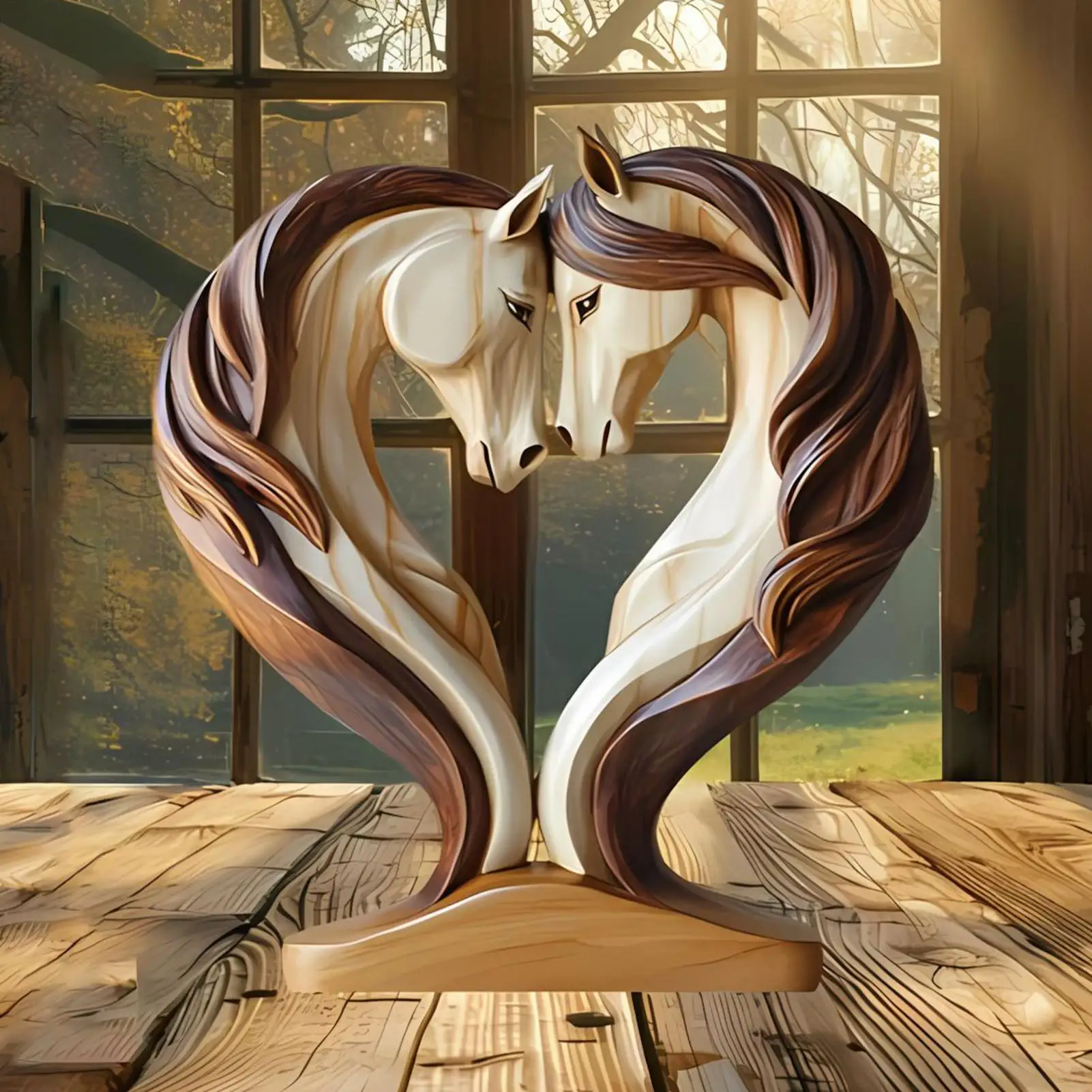 Elegant Wooden Horse Sculpture - Snuggle Pose Animal Ornament for Home or Office Display