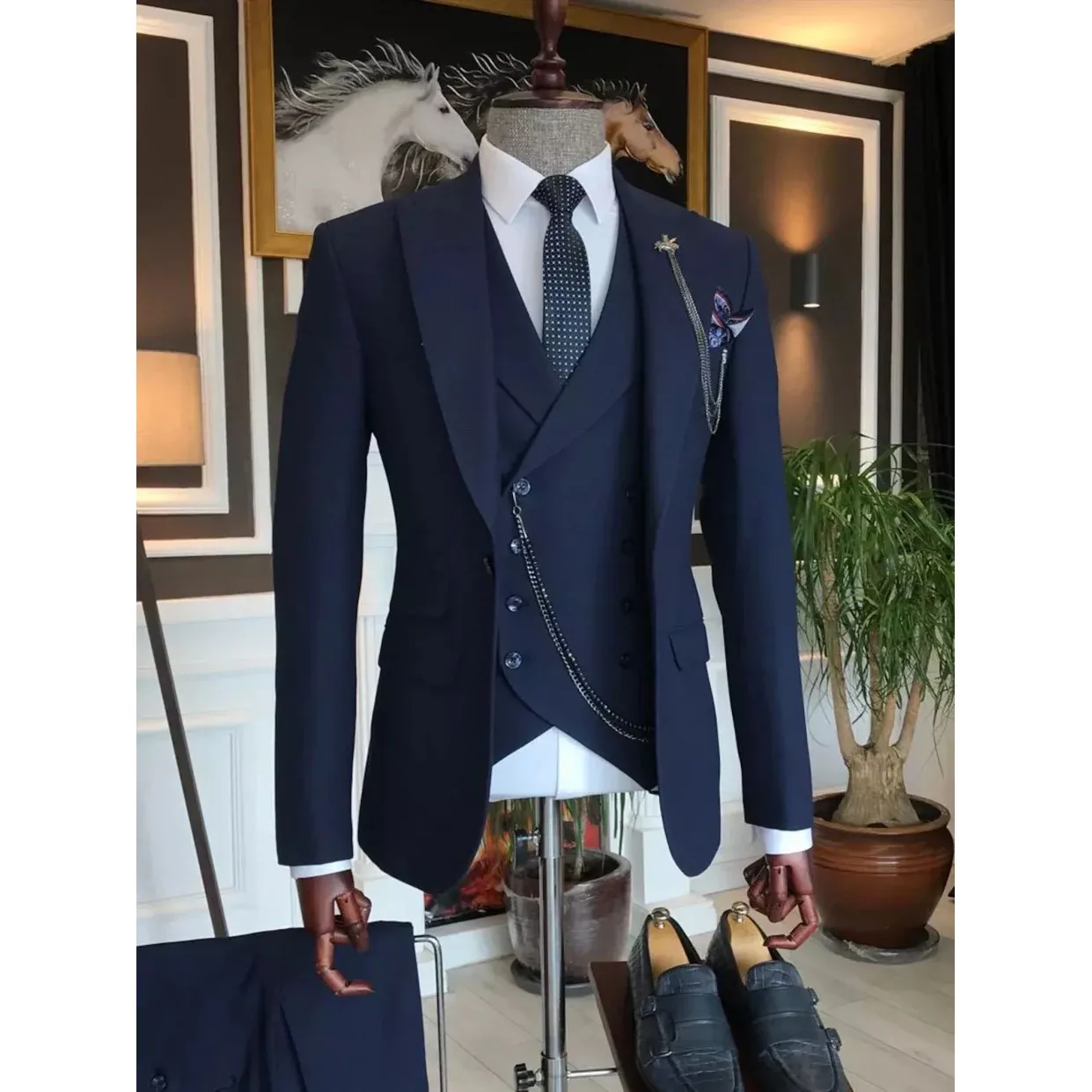 Luxury Men Suits Blazer Terno Navy Blue Dingle Breasted Shawl Lapel Slim Fit Wedding Business Three Piece Jacket Pants Vest