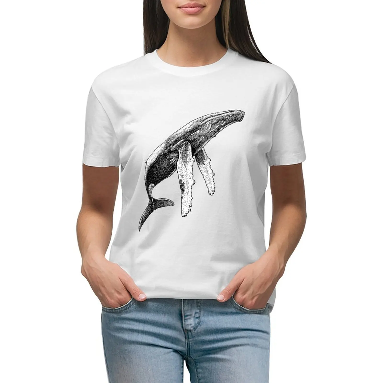 Humpback whale in dots T-shirt Blouse korean fashion vintage clothes summer clothes for Women