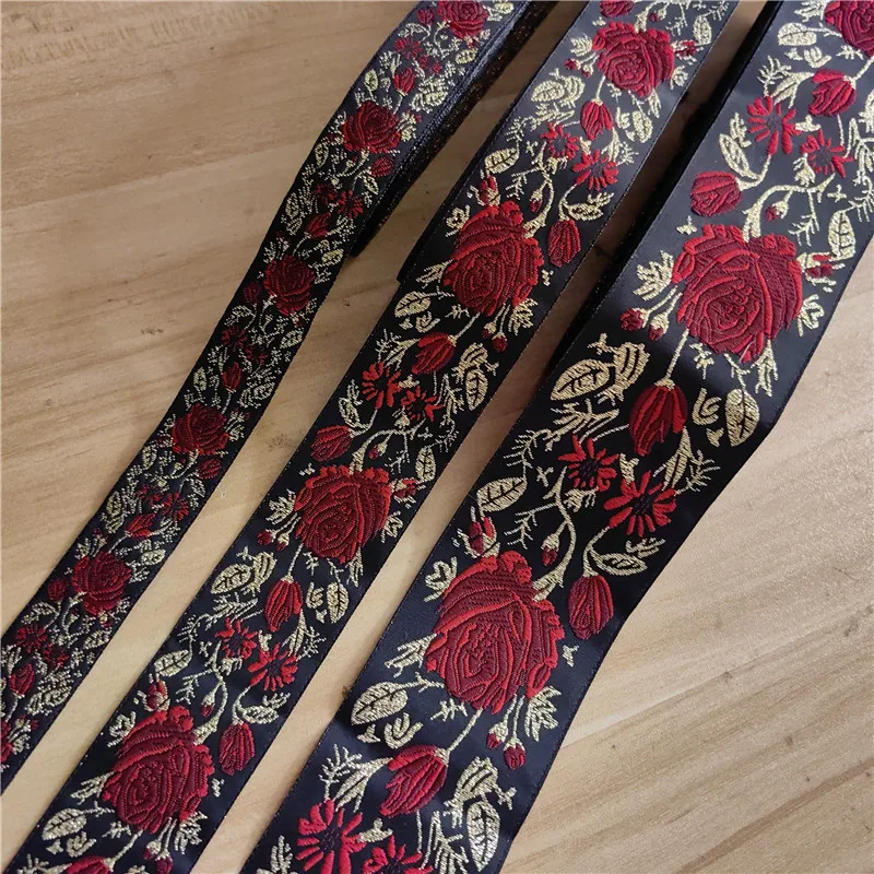 Golden Rose Flower Embroidered Jacquard Ribbon Trim, 10 Yards