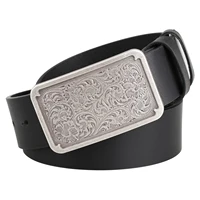Cowskin Men's Belt Retro Tang Grass Square Silver Plated Smooth Buckle Youth Decorative Leisure