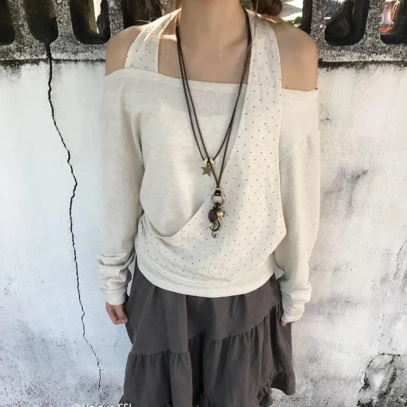 Korean Retro Dot Printing Halter Long-sleeved T-shirt Women 2025 Autumn New Streetwear Backless Sexy Asymmetrical Tops