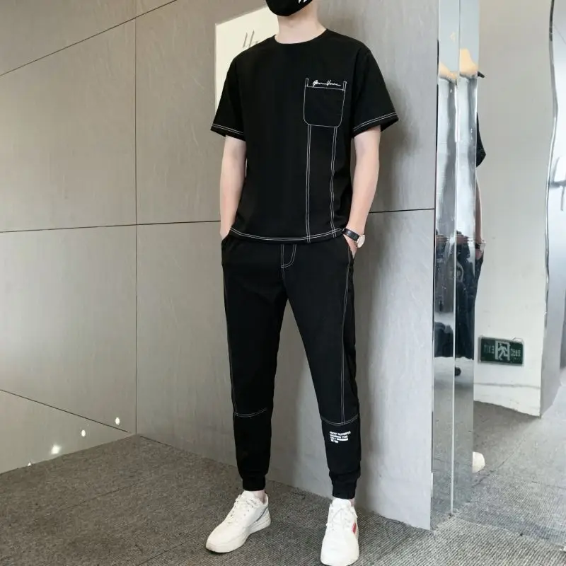 Male T Shirt Pants Sets Korean Style Black Fashion Top Slim Fit Fashion Essential Cotton New In Matching Xl Clothes for Men