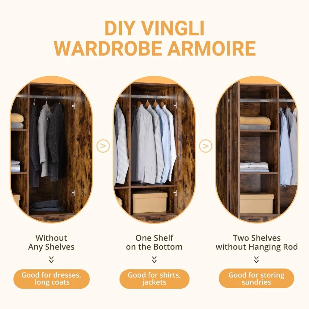 Armoire, Wardrobe Closet with Hanging Rod, Bedroom 71" Freestanding Wardrobe Cabinet with Doors, Adjustable Shelves and Drawer 3