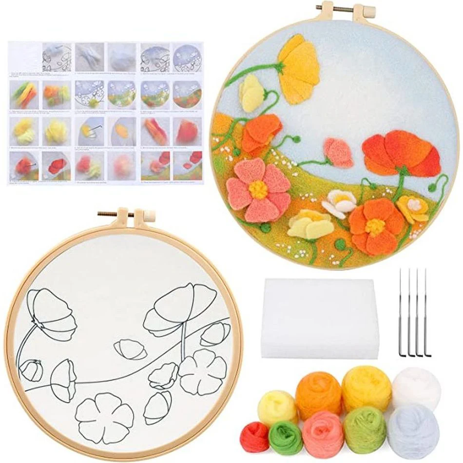 CHENISTORY DIY Wool Felting Painting With Embroidery Kit Flower Landscape Beginner Painting Handcraft Needle Wool For Home Decor