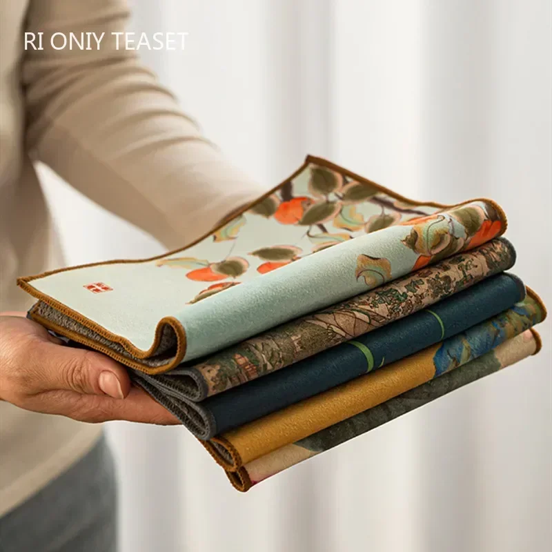 Chinese Painted Flower Pattern Thickened Tea Towel Plush Imitation Deerskin Absorbent Water Rag Tea Napkins Cloth Tea Ceremony