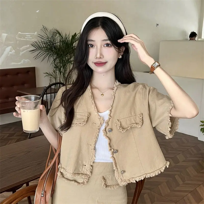 Two Piece Set Slim Spring Summer Denim Set Single Breasted Korean Style Loose And Versatile Raw Edge Short Coat