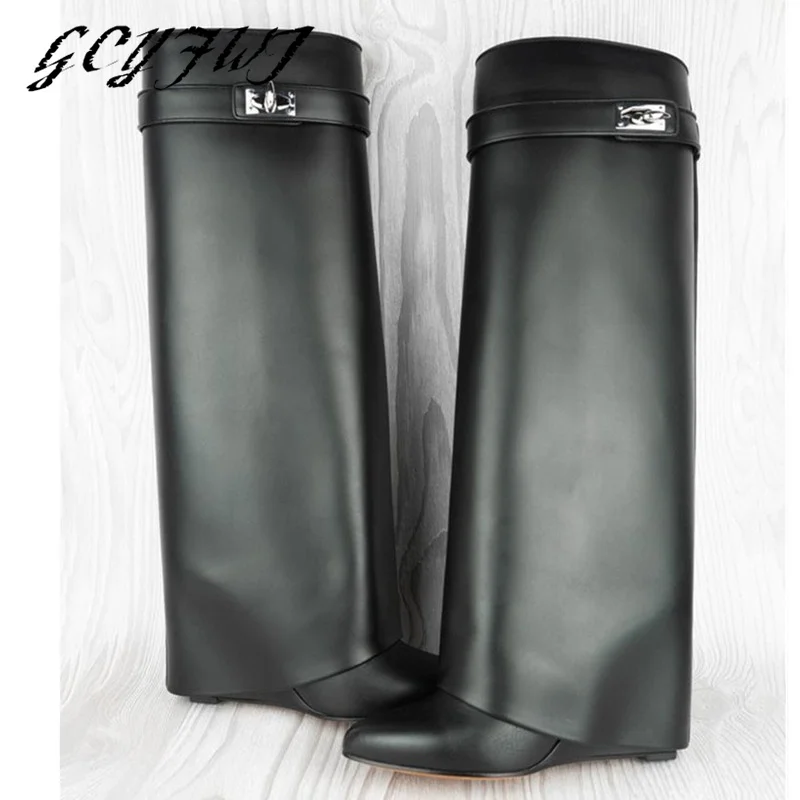 Silver Metal Shark Lock Over The Knee Boot Leather Women Height Increasing High Heel Shoes Wedges Pointed Toe Knee High Boots