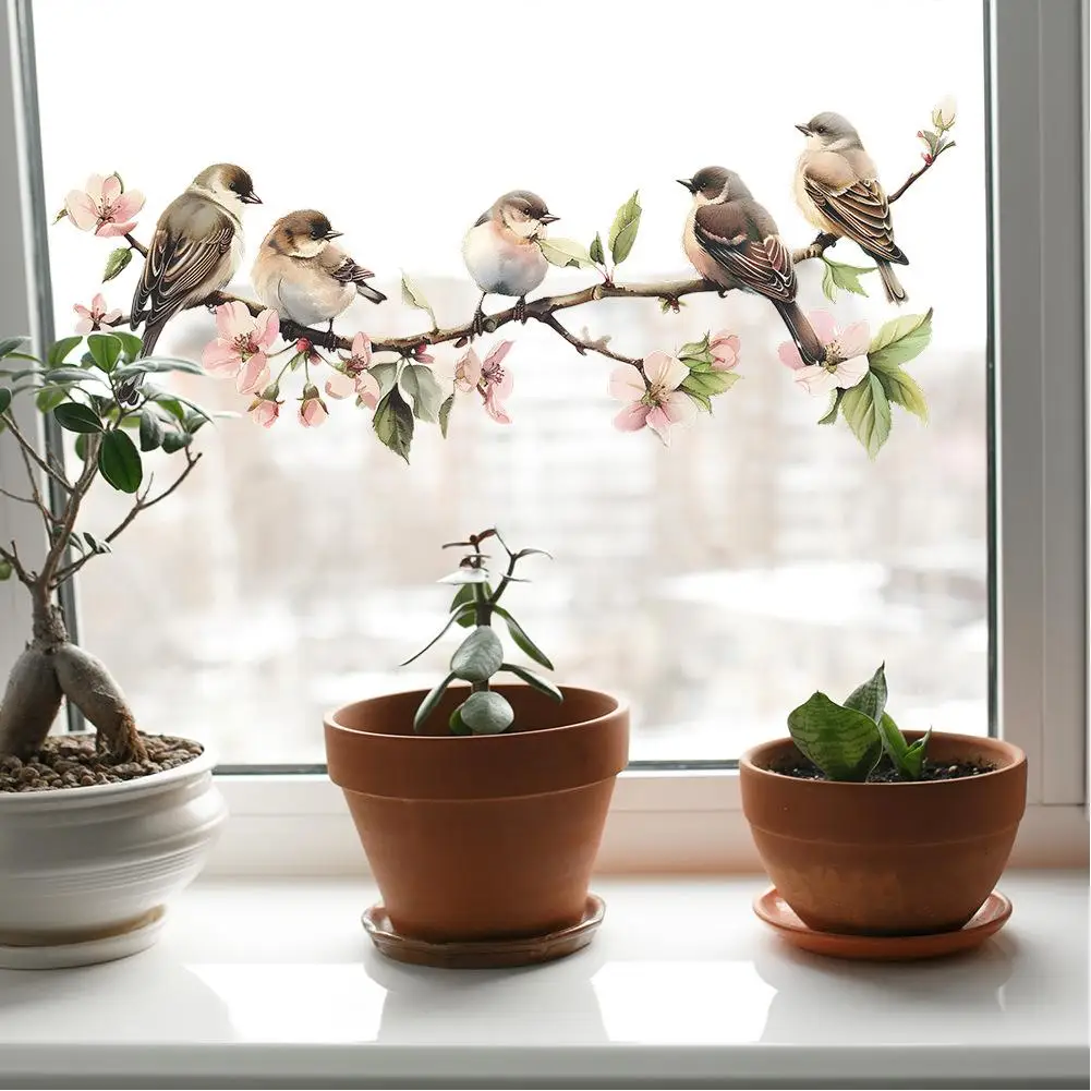 PVC Flower Window Clings Birds Tree Branch Glass Sticker Anti-Collision Decal For Bedroom Restroom Doors Decorative Films