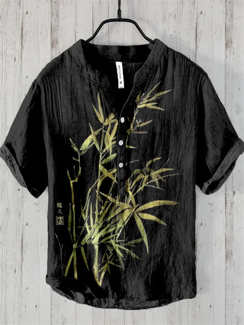 Koi Art Printed Linen Blended V-neck Men's Fashion Shirt 6