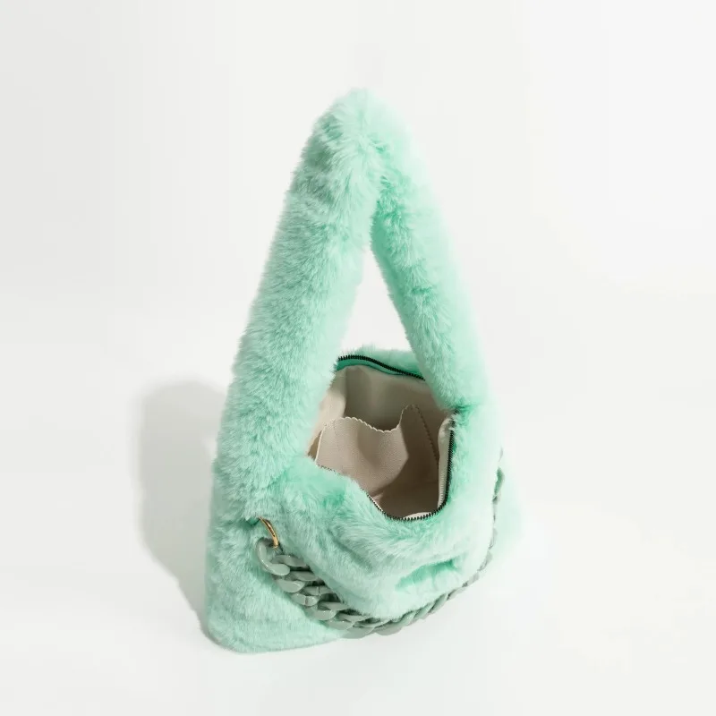 Fashion Pluffy Women Handbags Designer Acrylic Chains Shoulder Bags Soft Plush Faux Fur Large Tote Purses Small Bohos Purse 2023