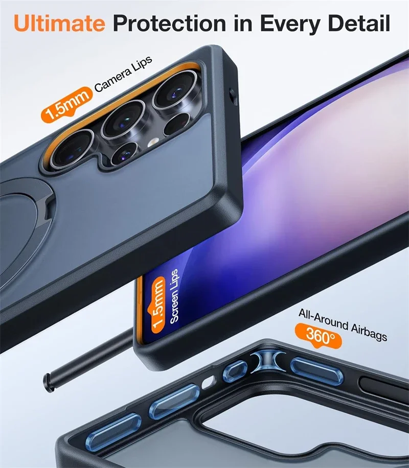 Magnetic Metal Ring Stand Matte Case with Lens Protector and MagSafe Compatibility