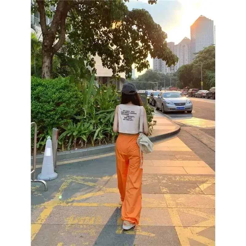 여성용 오렌지 카고 팬츠 및 상의, 하이 스트리트 캐주얼 레깅스, 하이 웨이스트 스트레이트 와이드 레그 하룬 세트, 여름 패션