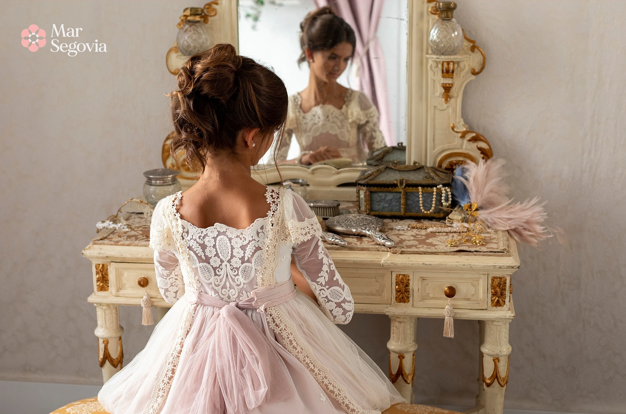 BABYONLIN CustomizedCommunion Ceremony Dress Lac Full Illusion Laces Half-Sleeve Layered Floral Belt Embroidery MiniBride Gowns