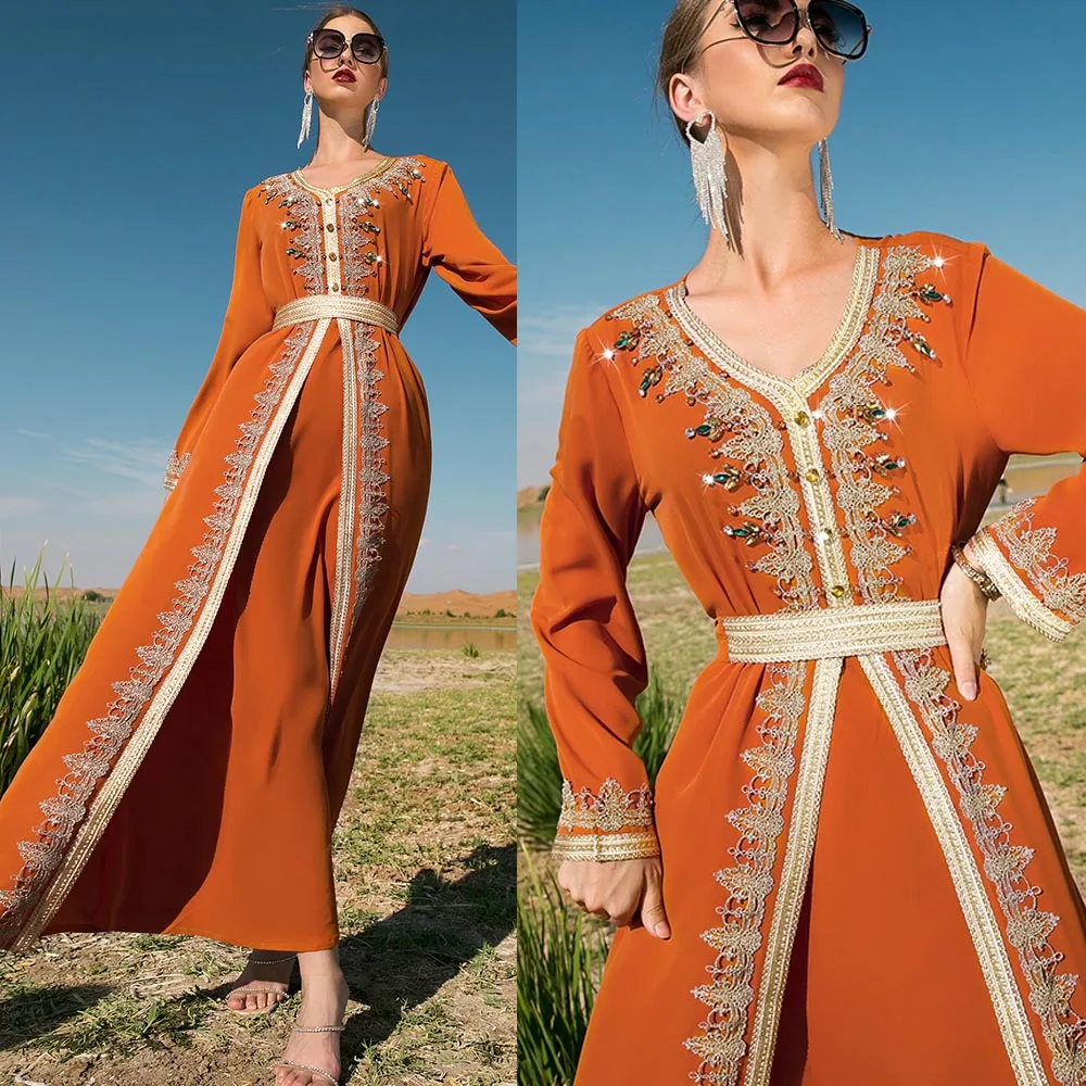 

Luxury Slim Diamond Women New V-neck Dress Turkish Robe Elegant Fashion Arab Muslim Dresses Abaya Long Sleeve Islamic Clothing