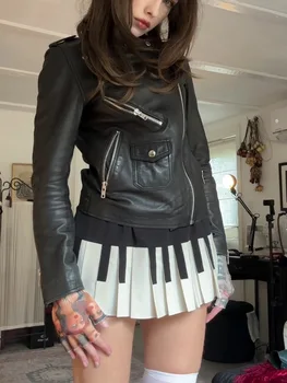 Women's Vintage Piano Key Skirt Black White Contrast Pleated Mini Skirt Y2K Harajuku Empire Waist Slim Short Skirt Streetwear 1