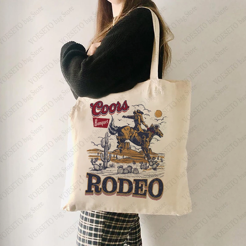 

Coors Банкетная Сумка-тоут с рисунком пива Rodeo-Золотая Холщовая Сумка через плечо в западном стиле 90-х многоразовая сумка для покупок