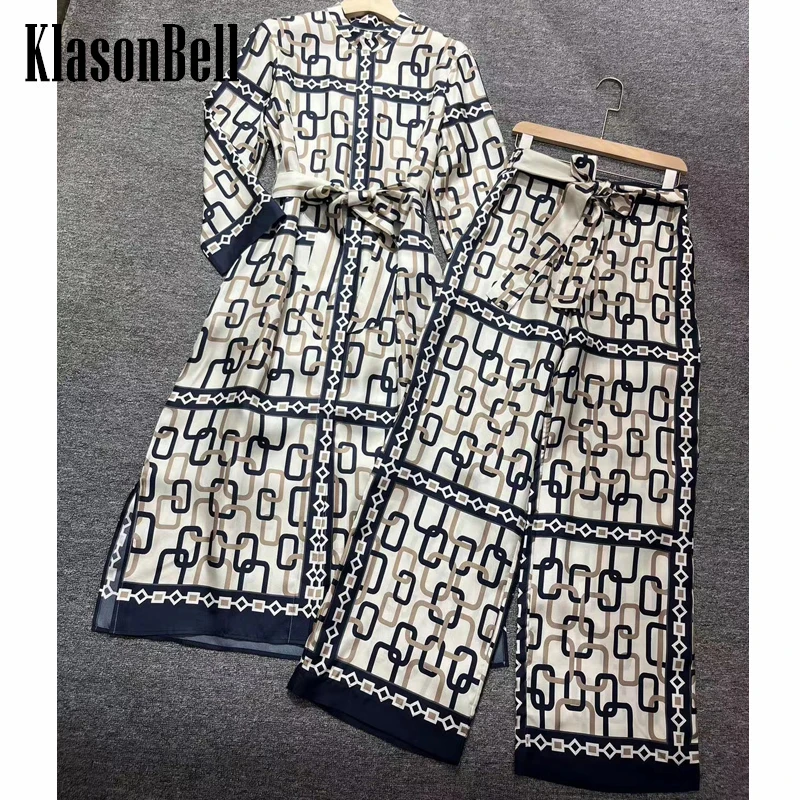 

4.4 KlasonBell Vintage Geometric Print Stand Collar Bow Sashes Long Sleeve Dress Or Elastic Waist Straight Pants Set Women