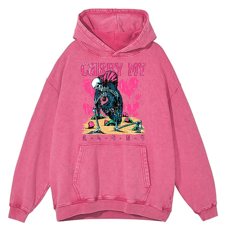 Sudadera con capucha retro desgastada con diseño de esqueleto "Cargando solo con el corazón roto" para hombre, 100 % algodón, estilo hip hop, holgada y de gran tamaño