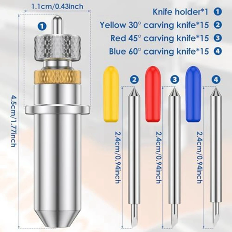 A43F-46Pcs Vinyl Cutter Blades 30&deg; 45&deg; 60&deg;Plotter Cutting Blades With Holder Base Hardness Lettering Blade Replacement Set